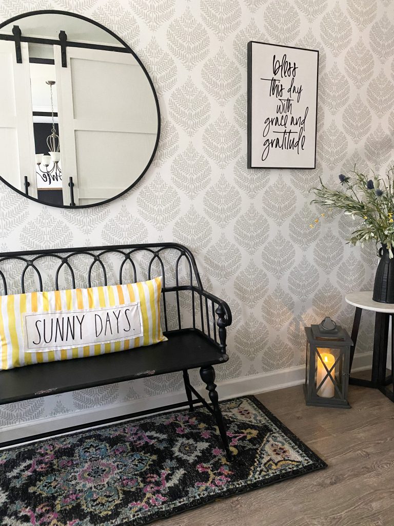 farmhouse bench with wallpaper entry 